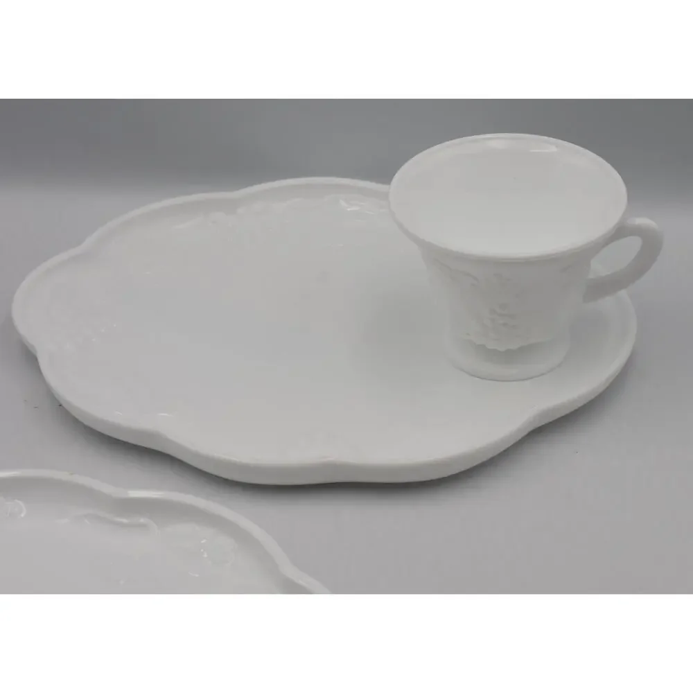 Indiana Colony White Harvest Milk Glass Grape Luncheon Snack Tray & Cup 4pc Set